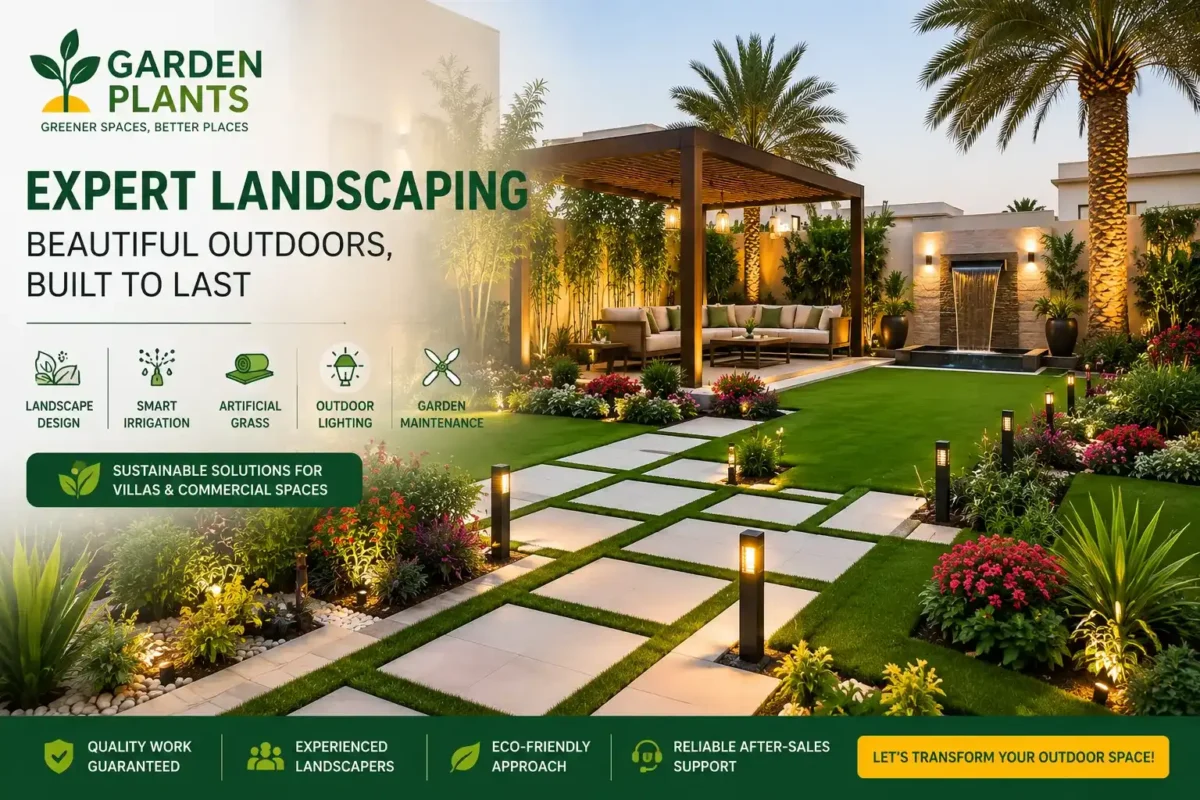 Expert landscaping services in Qatar by Gardenplantsqtr featuring luxury outdoor garden design, modern pergola seating, decorative pathways, smart lighting, and sustainable landscaping solutions.
