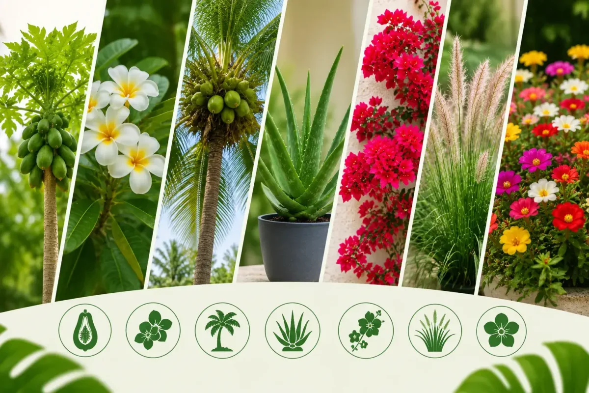 Collage of heat-resistant outdoor plants in Qatar, including papaya tree, plumeria, coconut palm, aloe vera, bougainvillea, ornamental grass, and portulaca flowers by Garden Plants Qatar.
