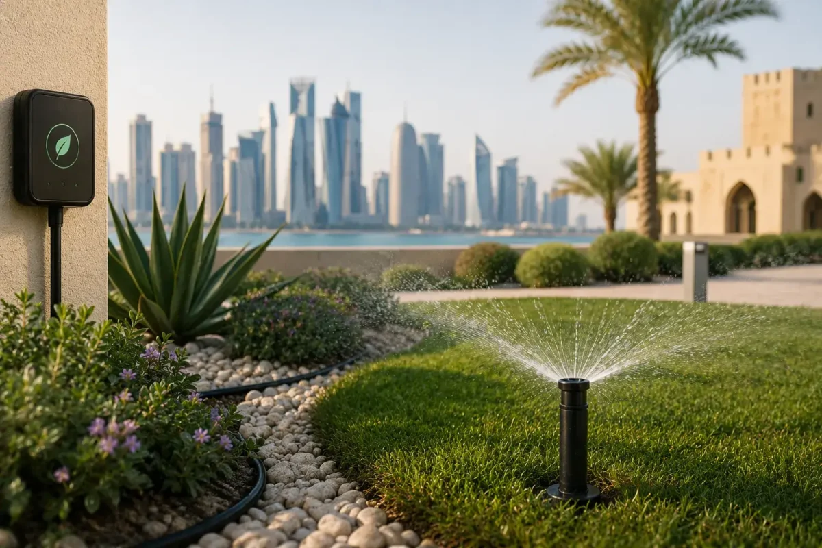 Smart irrigation landscaping system in Qatar with automated sprinkler technology, sustainable garden design, and Doha skyline background.