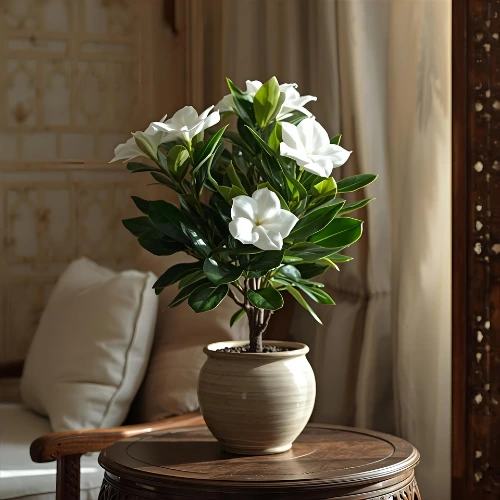 Gardenia Jasminoides indoor plant with glossy green leaves and white fragrant flowers in Qatar