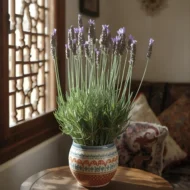 Lavandula angustifolia flowering in a small pot, ideal for indoor use in Qatar.