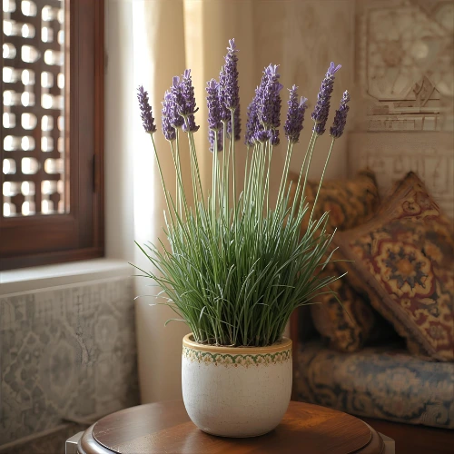 Lavender plant in decorative pot used for home and office décor in Qatar.
