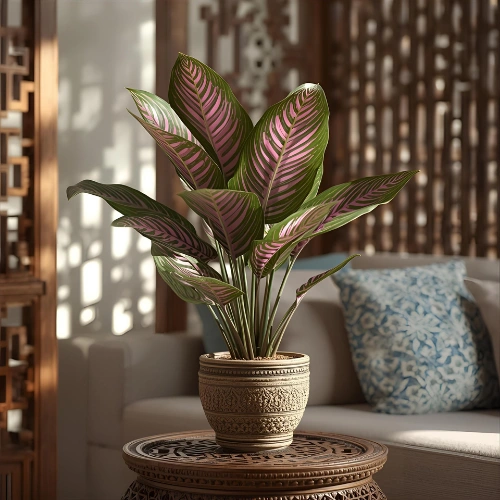 Patterned Calathea Rosapicta indoor plant with maroon underside leaves – 30cm evergreen houseplant