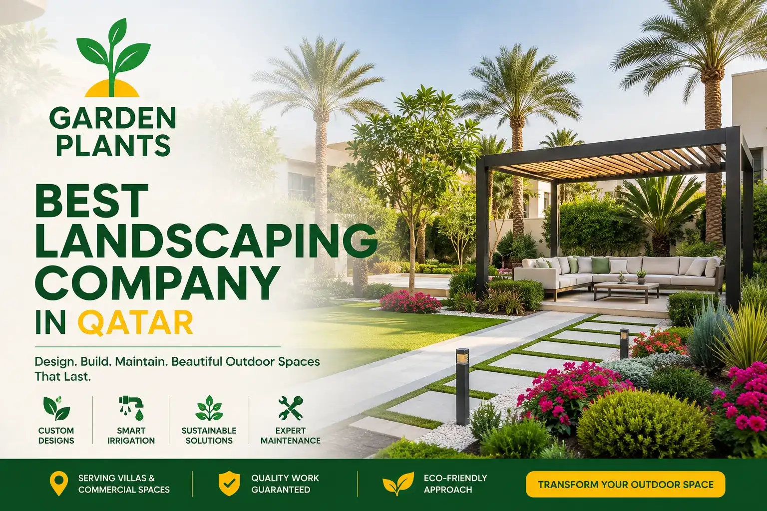 Best landscaping company in Qatar by Gardenplantsqtr featuring luxury villa garden design, outdoor landscaping, smart irrigation, and modern green spaces.
