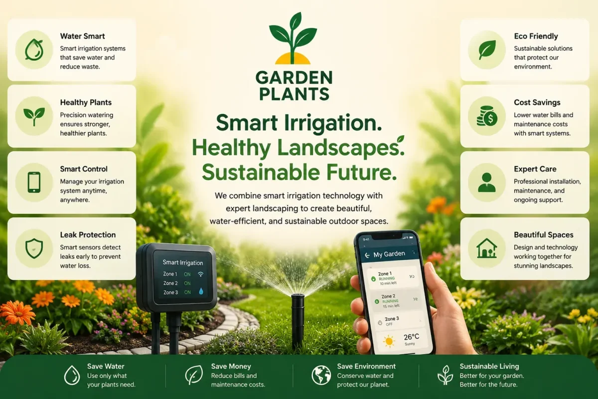 Garden Plants smart irrigation landscaping banner featuring automated watering systems, sustainable garden technology, mobile irrigation control, and eco-friendly landscaping solutions.