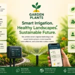 Garden Plants smart irrigation landscaping banner featuring automated watering systems, sustainable garden technology, mobile irrigation control, and eco-friendly landscaping solutions.
