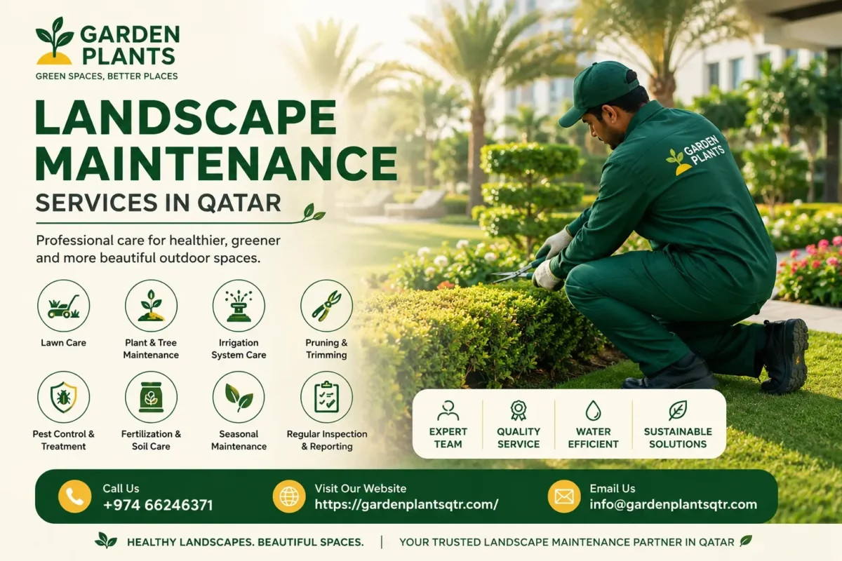Professional landscape maintenance team in Qatar providing lawn care, irrigation maintenance, pruning, plant care, and landscaping solutions by Garden Plants.