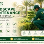 Professional landscape maintenance team in Qatar providing lawn care, irrigation maintenance, pruning, plant care, and landscaping solutions by Garden Plants.